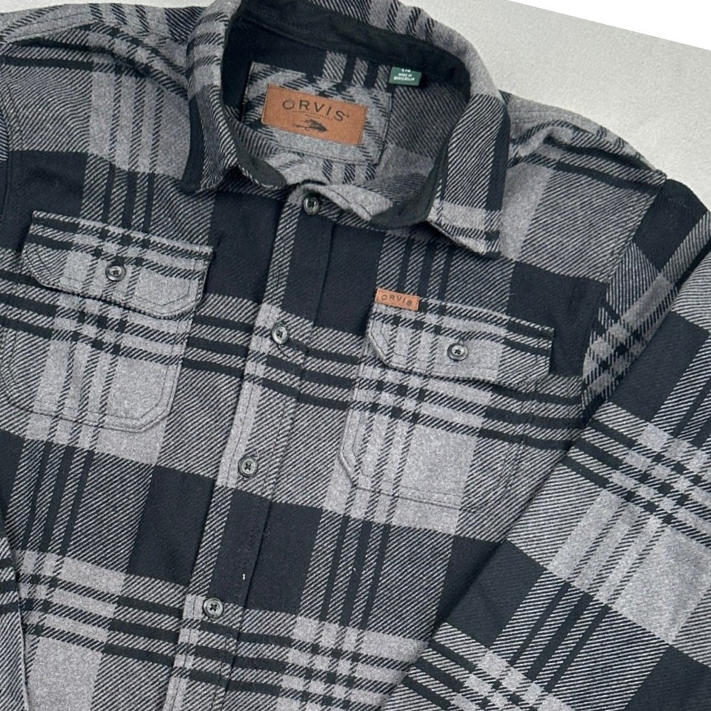 Orvis Classic Collection Mens Large‎ Grey Black Plaid Fleece Lined Shirt Jacket